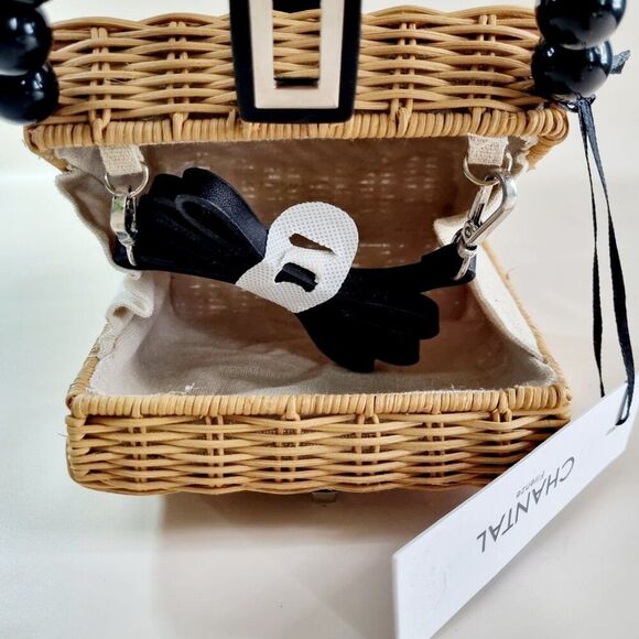 CHANTAL Paris Wicker Handbag - Natural Rattan with Black Bead Handle - NEW - Picture 5 of 9
